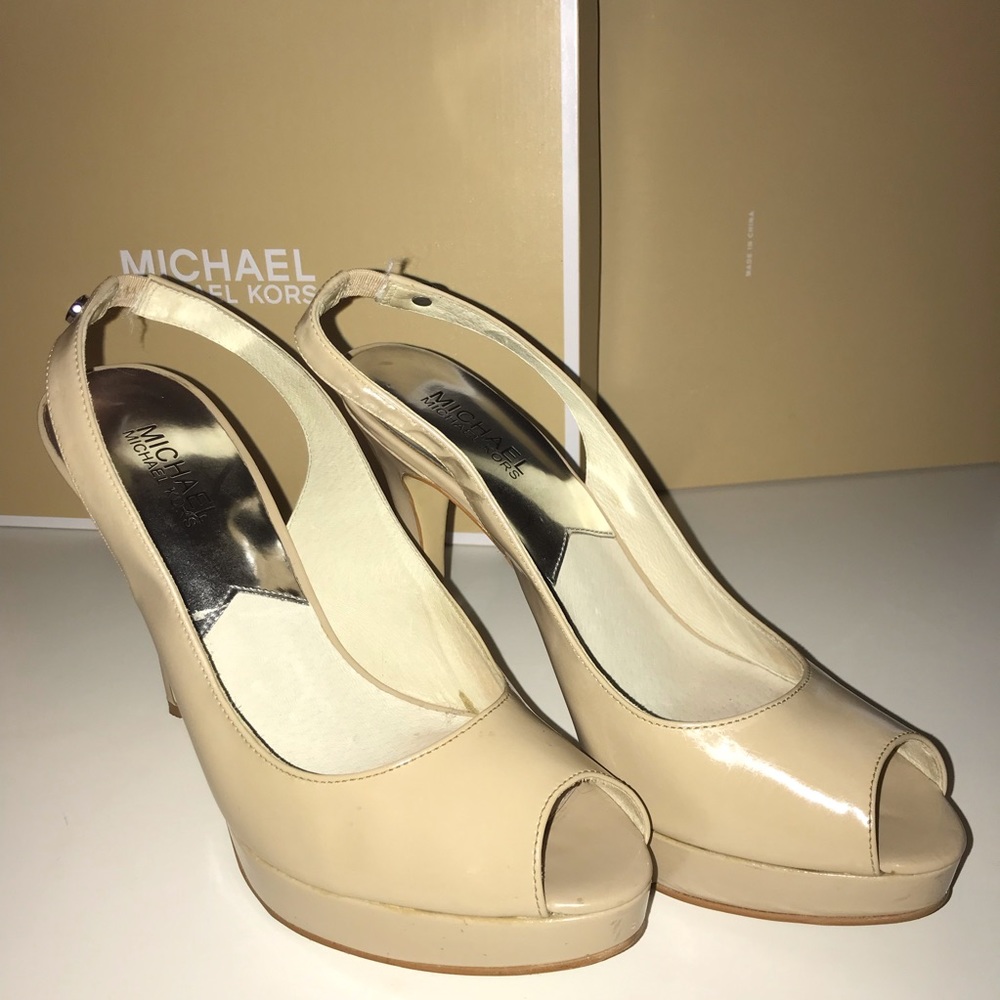 M Michael Kors Nude Patent Peeptoe Slingback Heels